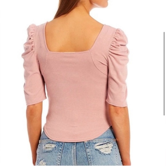 FREE PEOPLE NIGHT LILY SQUARE NECK PUFF SLEEVE RIBBED PALE MAUVE SIZE S NWT - Picture 3 of 12